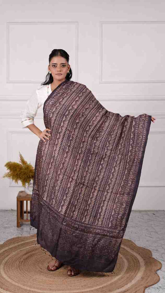 Ajrakh Dupatta, 100% Tussar Silk, Color-Deep Coffee
