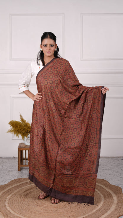 Ajrakh Dupatta, 100% Tussar Silk, Color-Reddish Brown