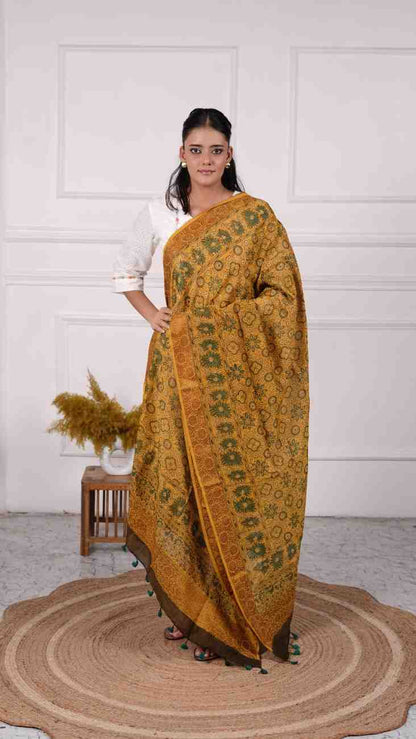 Ajrakh Dupatta with zari border, 100% Silk, Color-Mustard Yellow