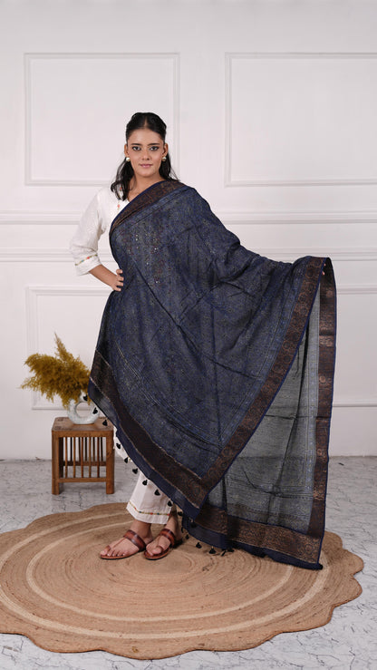 Ajrakh Dupatta with zari border, 100% Silk, Color-Navy Blue