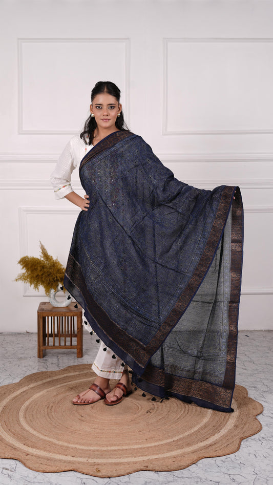 Ajrakh Dupatta with zari border, 100% Silk, Color-Navy Blue