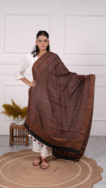 Ajrakh Dupatta with zari border, 100% Silk, Color-Coffee Brown