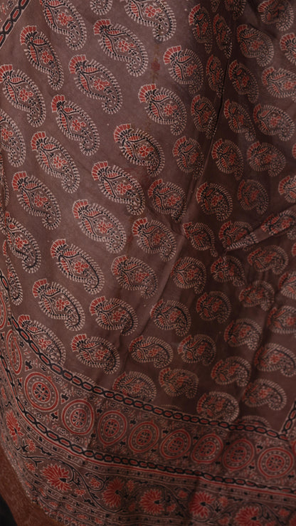 Ajrakh Dupatta with zari border, 100% Silk, Color-Coffee Brown