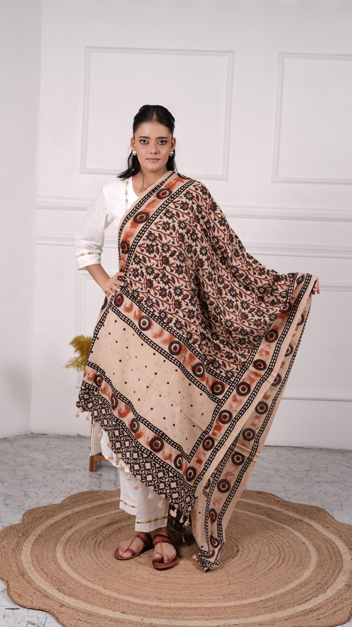 Ajrakh Dupatta, 100% Cotton, Color-Beige