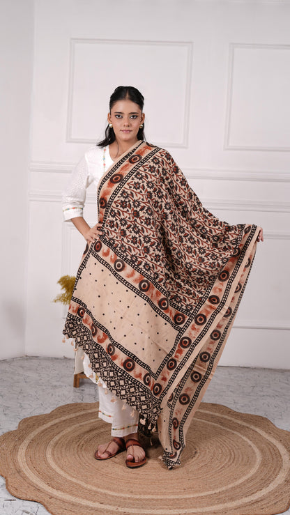 Ajrakh Dupatta, 100% Cotton, Color-Beige