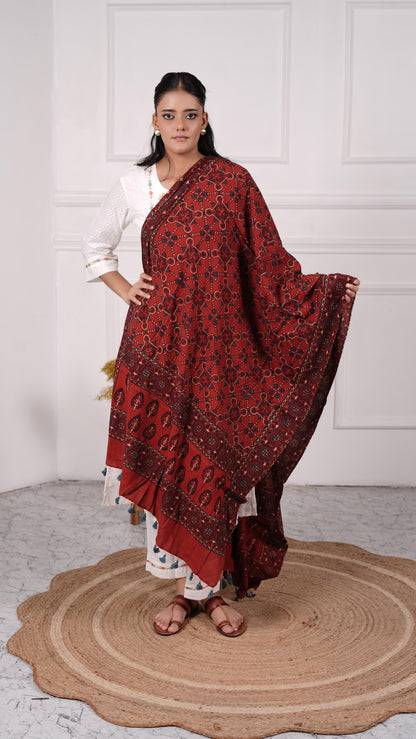 Ajrakh Dupatta, 100% Cotton, Color-Maroon