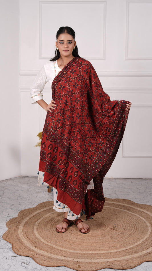 Ajrakh Dupatta, 100% Cotton, Color-Maroon