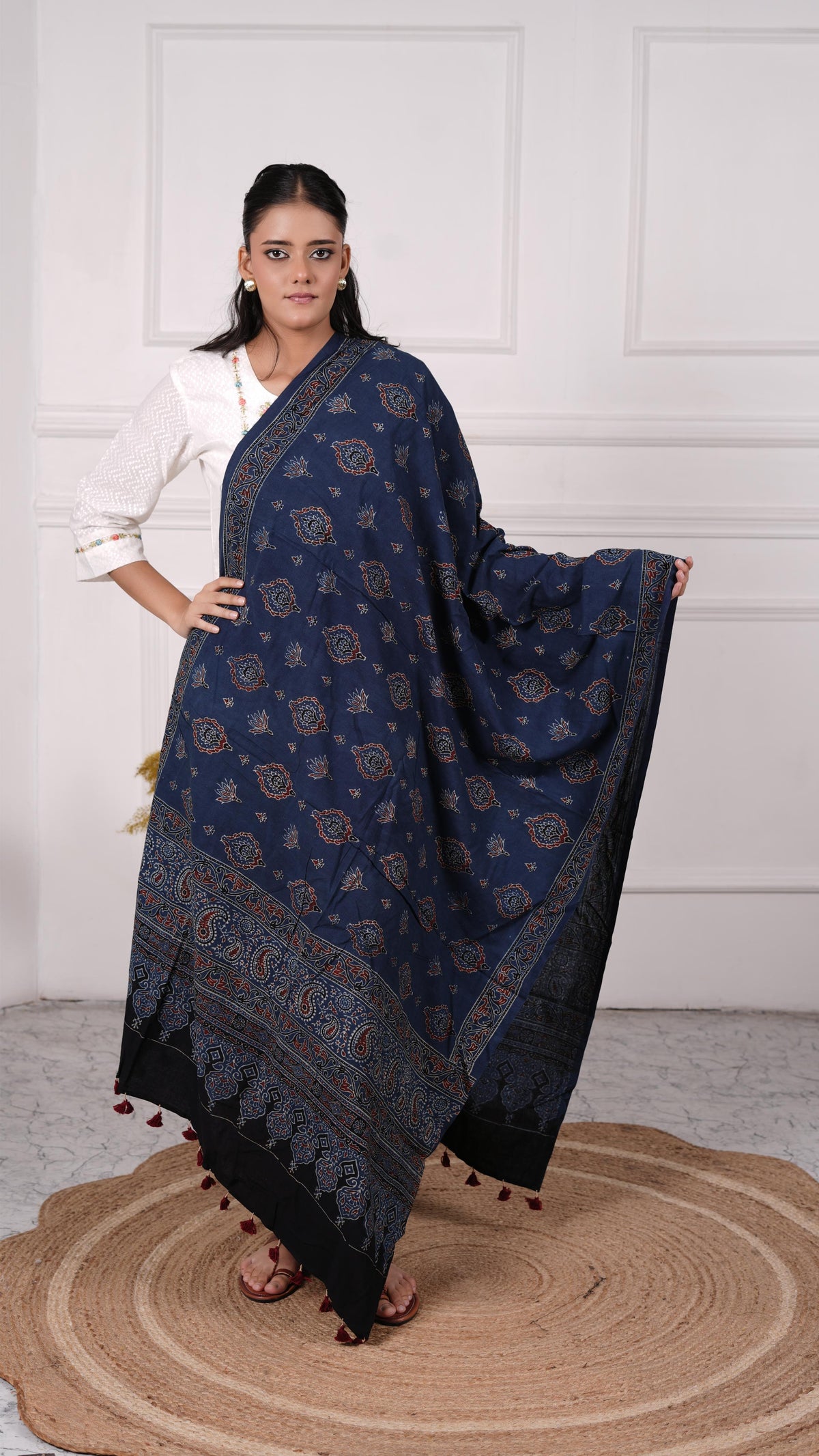 Ajrakh Dupatta, 100% Cotton, Color Navy Blue