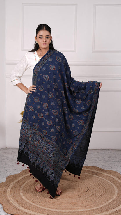 Ajrakh Dupatta, 100% Cotton, Color Navy Blue