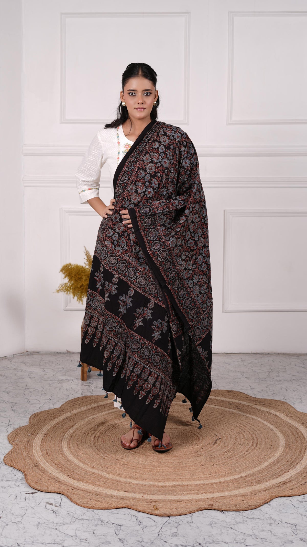 100% Cotton Ajrakh Dupatta, Color-Black