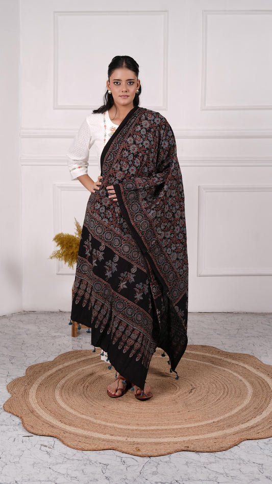 100% Cotton Ajrakh Dupatta, Color-Black