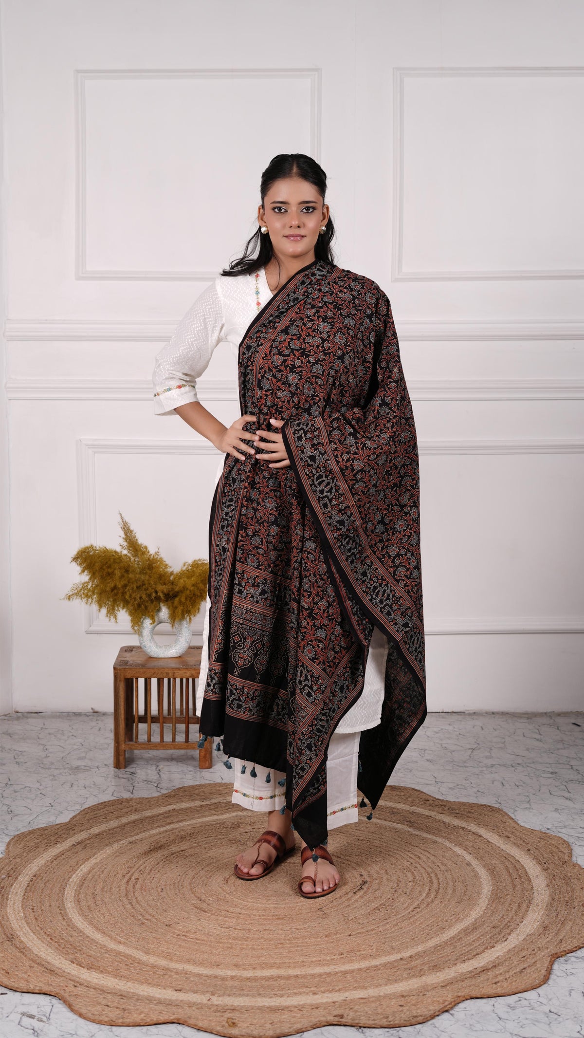 100% Cotton Ajrakh Dupatta, Color-Black