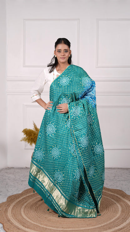 Gujrati Bandhej Dupatta, Gajji Silk, Color-Green