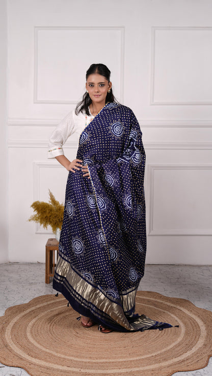 Gujrati Bandhej Dupatta, Gajji Silk, Color-Navy Blue