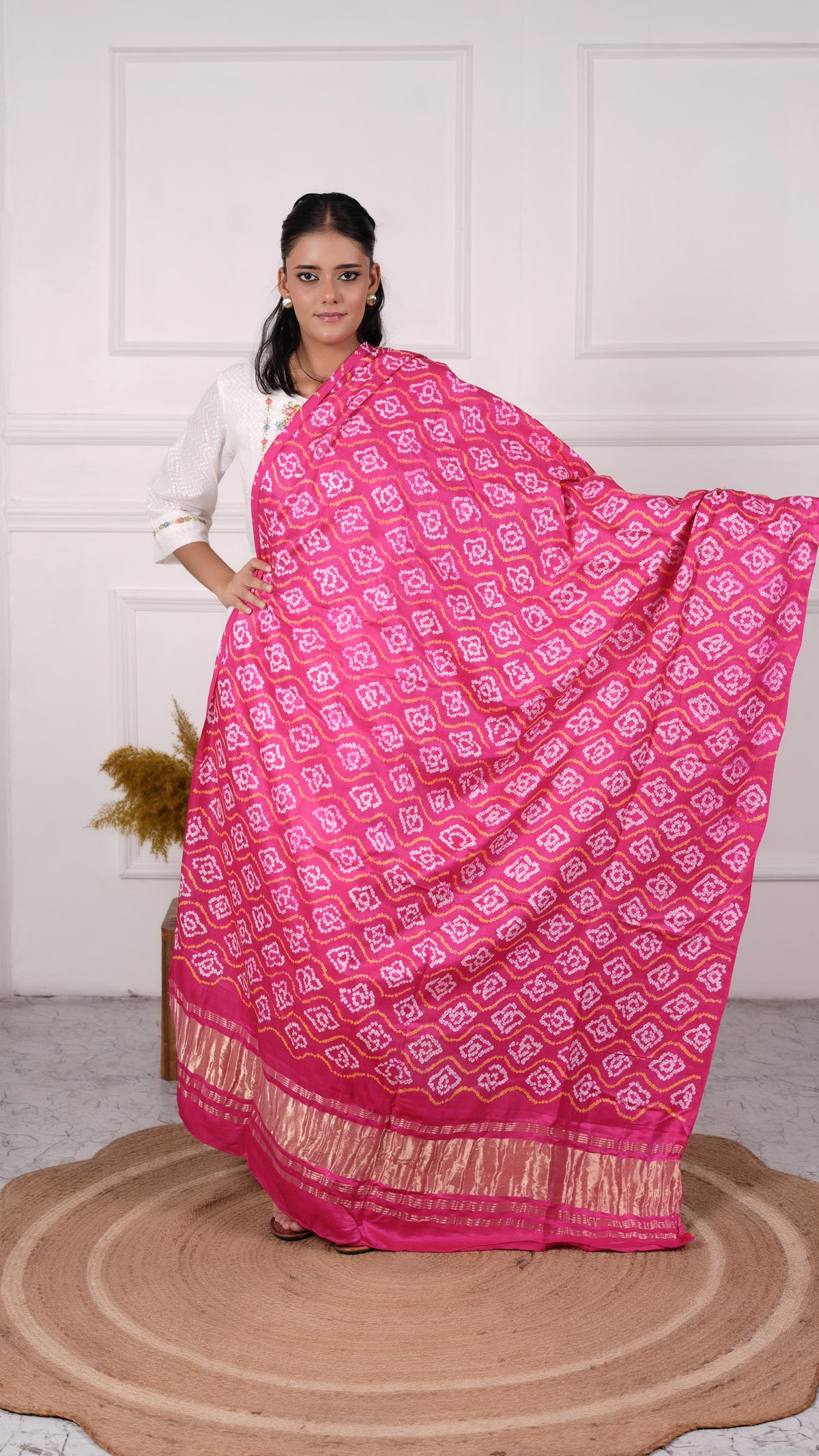 Gujrati Bandhej Dupatta, Gajji Silk, Color-Magenta