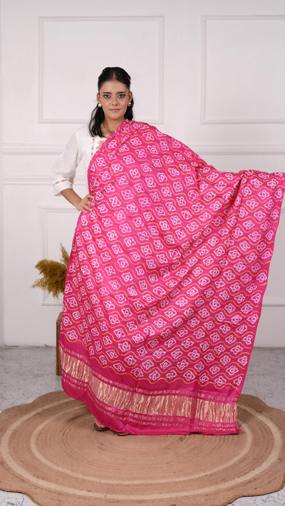 Gujrati Bandhej Dupatta, Gajji Silk, Color-Magenta