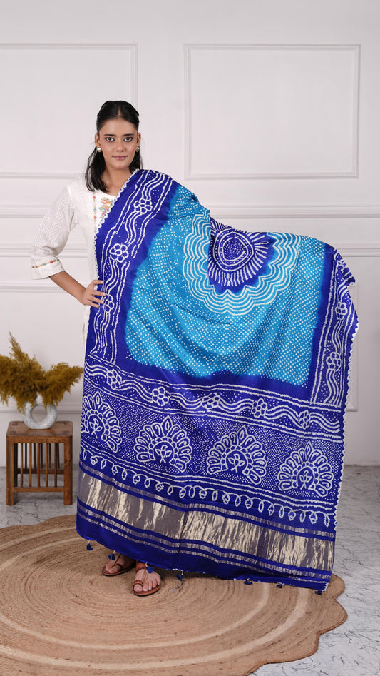 Gujrati Bandhej Dupatta, Gajji Silk, Color-Royal Blue