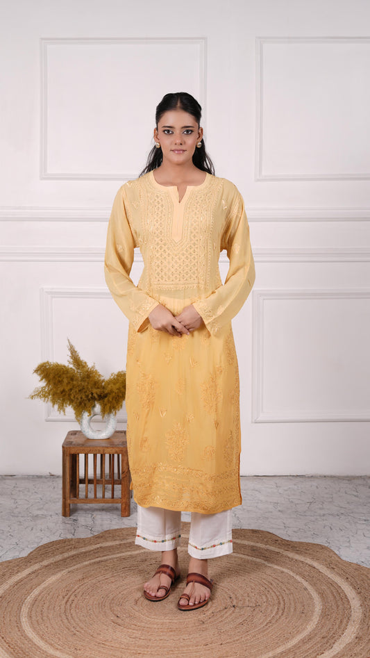 Chikankari stitched kurti, Georgette, Color-Yellow
