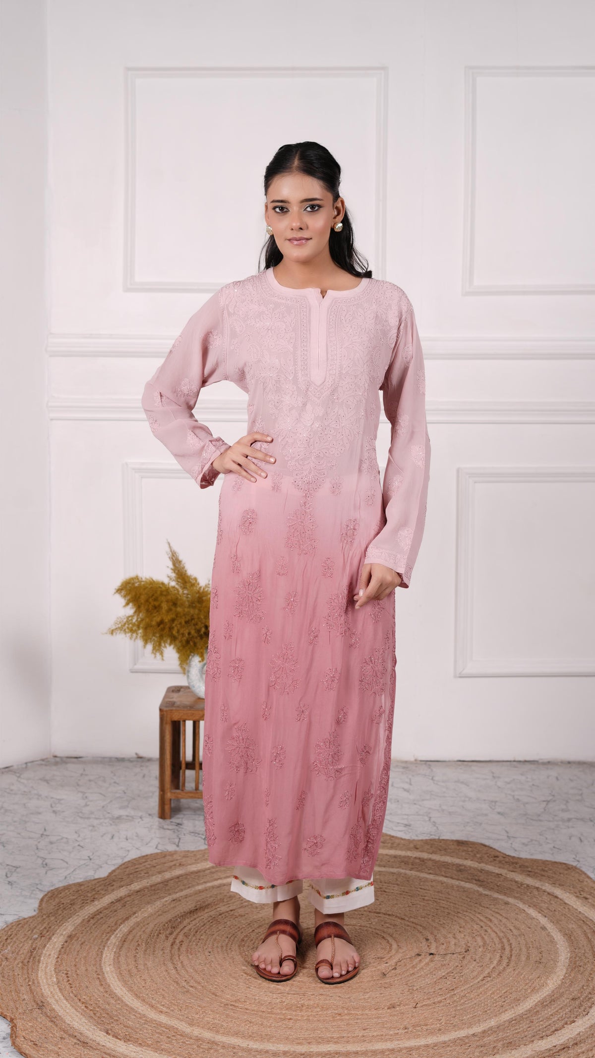 Chikankari stitched kurti, Georgette, Color-Dusty Rose,