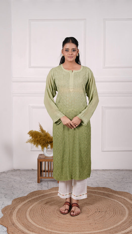 Chikankari stitched kurti, Georgette, Color-Moss Green
