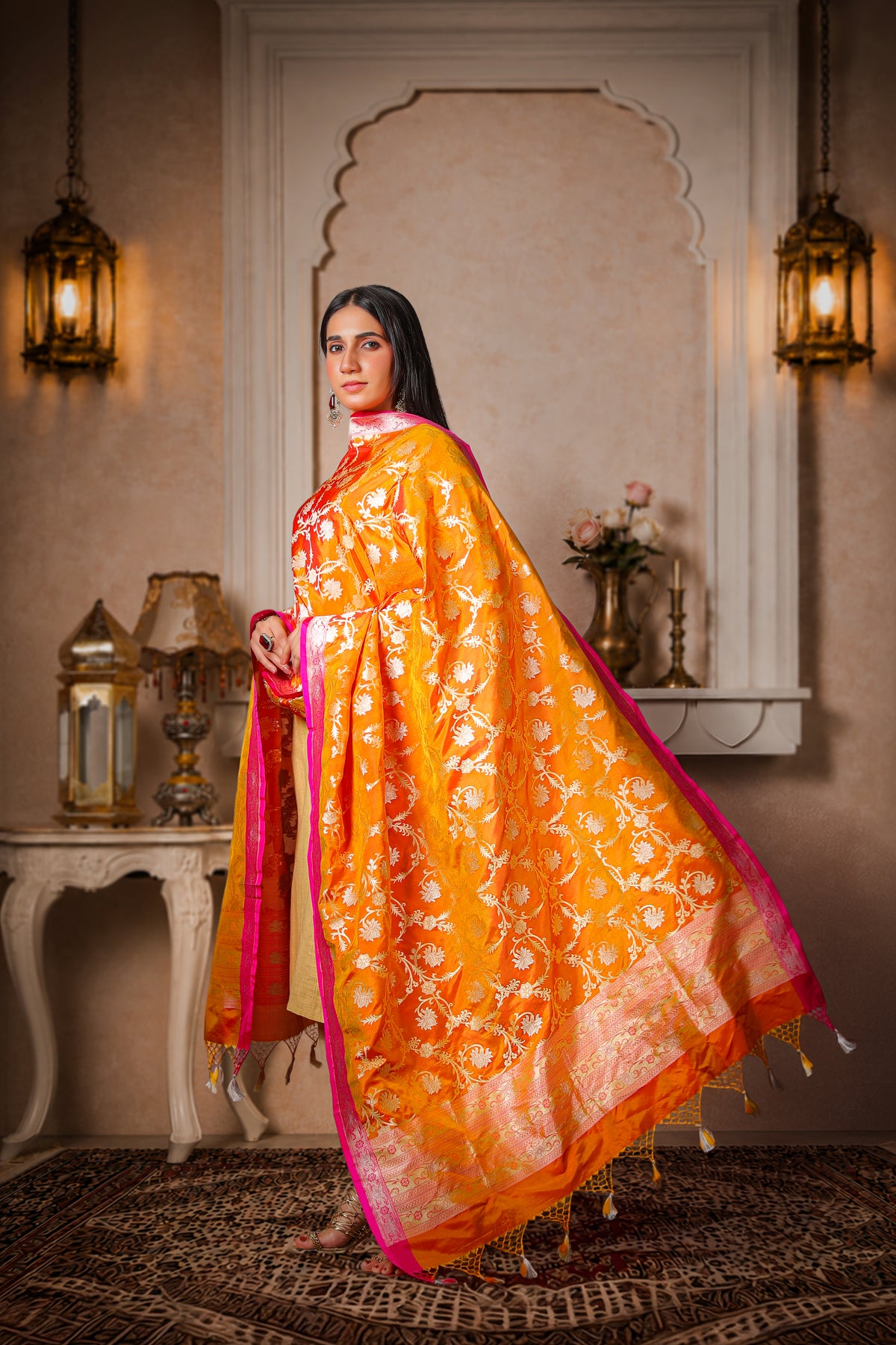 Agni – 100% Pure Silk Banarasi Dupatta in Rust Orange & Magenta