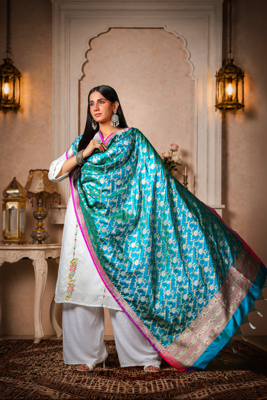 Neelkamal – 100% Pure Silk Banarasi Dupatta, Turquoise