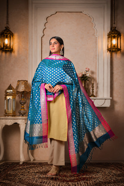 Indraneel – Pure Silk Banarasi Dupatta, Blue with Magenta