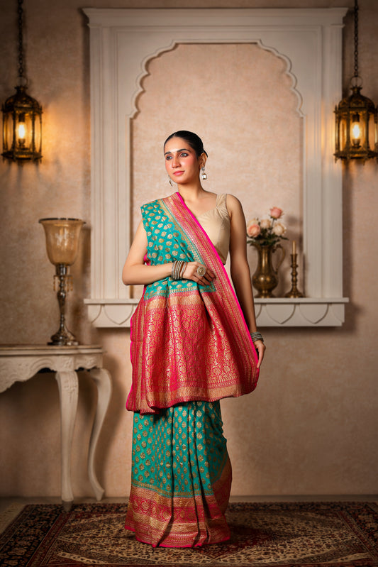Handwoven Silk Georgette Banarasi Saree, Teal with Magenta Border & Aanchal