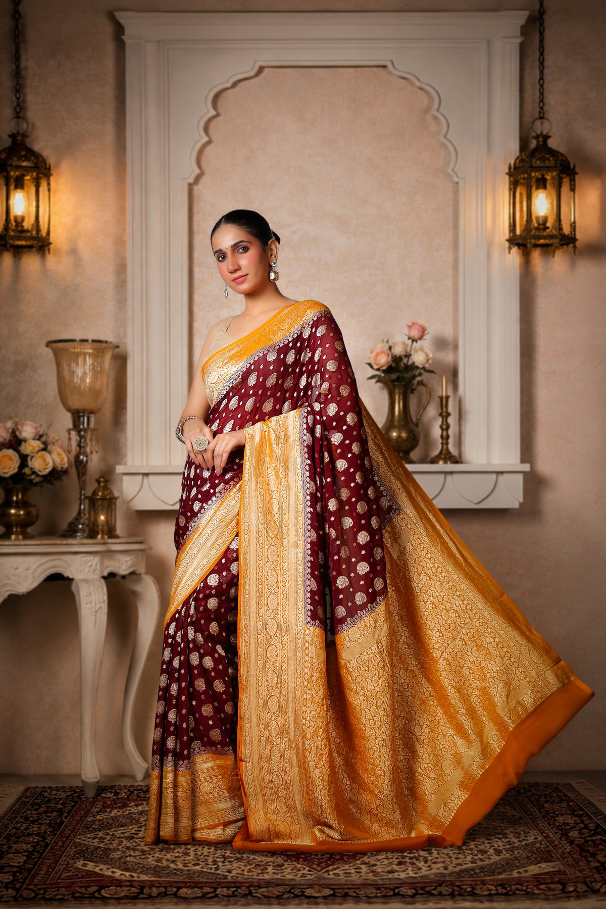 Handwoven Silk Georgette Banarasi Saree, Coffee & Mustard Yellow Border and Aanchal