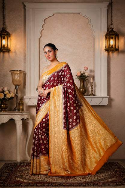 Handwoven Silk Georgette Banarasi Saree, Coffee & Mustard Yellow Border and Aanchal