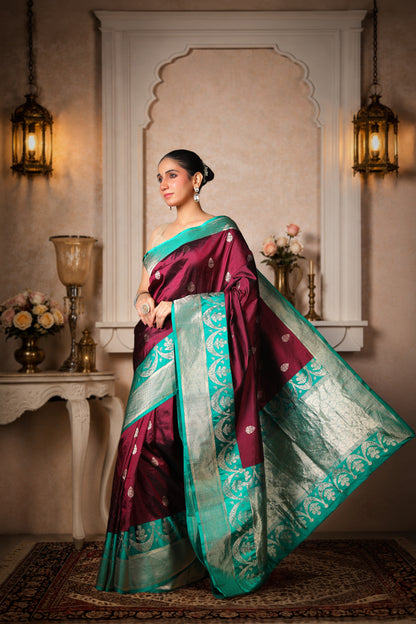 100% Pure Silk Banarasi Saree, Coffee with Teal Green Border and Aanchal