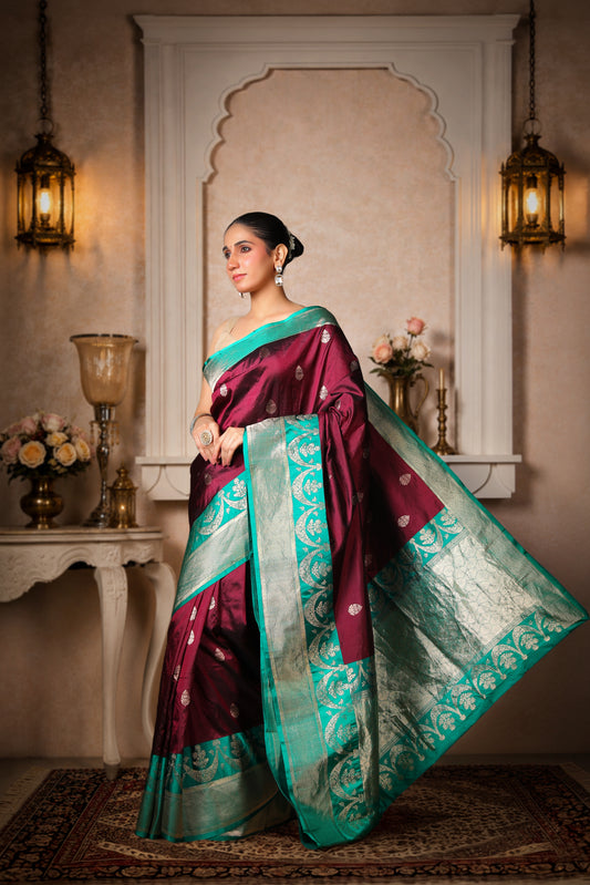 100% Pure Silk Banarasi Saree, Coffee with Teal Green Border and Aanchal