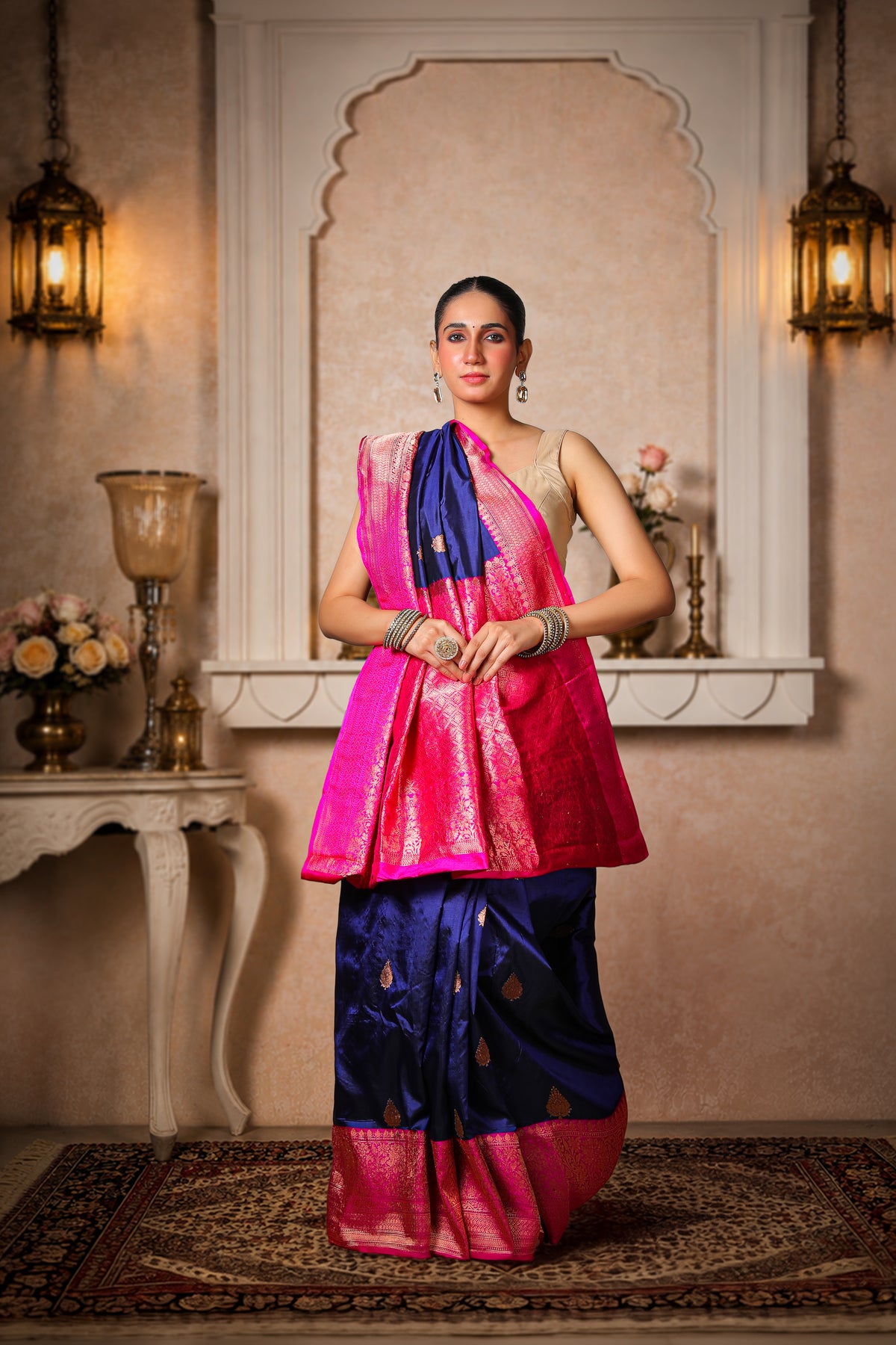 100% Pure Silk Banarasi Saree, Navy Blue with Magenta Border