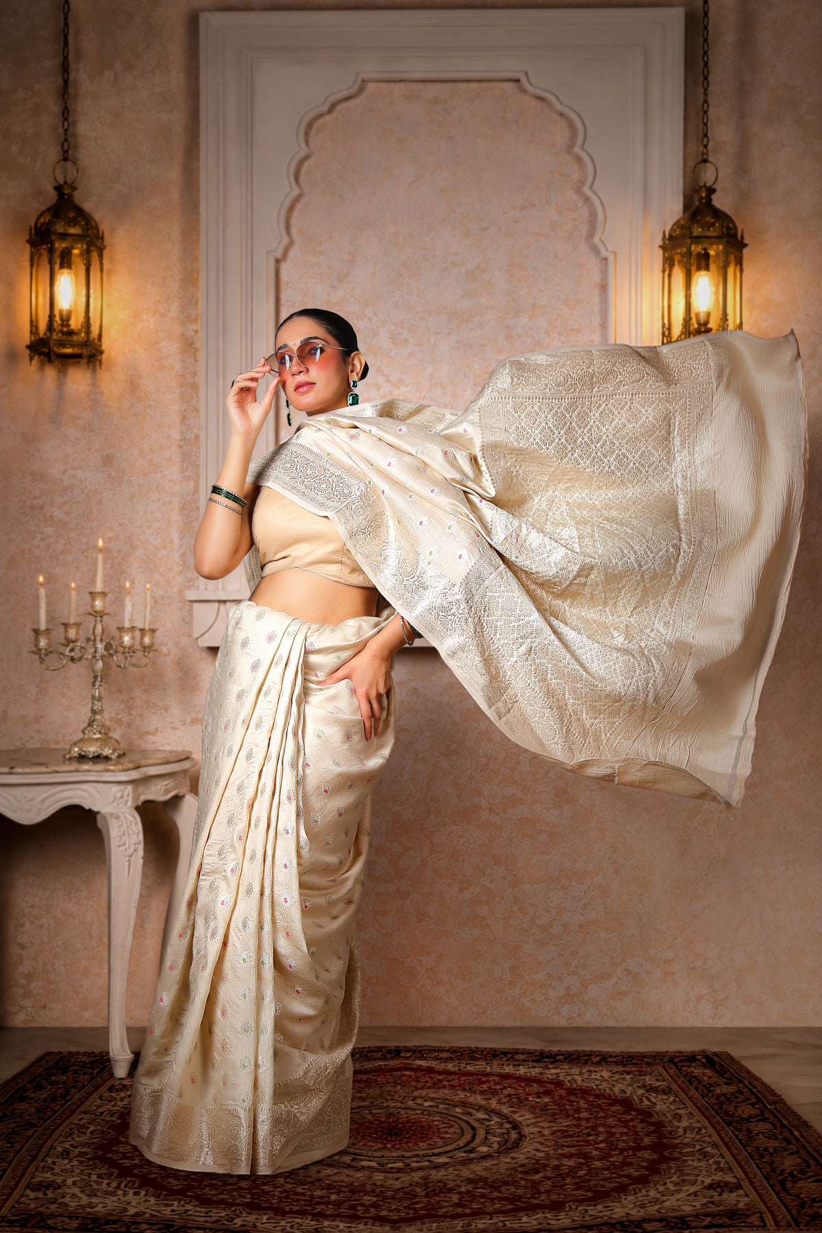 100% Pure Muga Silk Banarasi Saree, Beige