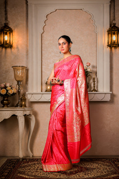 Pure Silk Banarasi Saree, Royal Pink with Golden Border & Aanchal