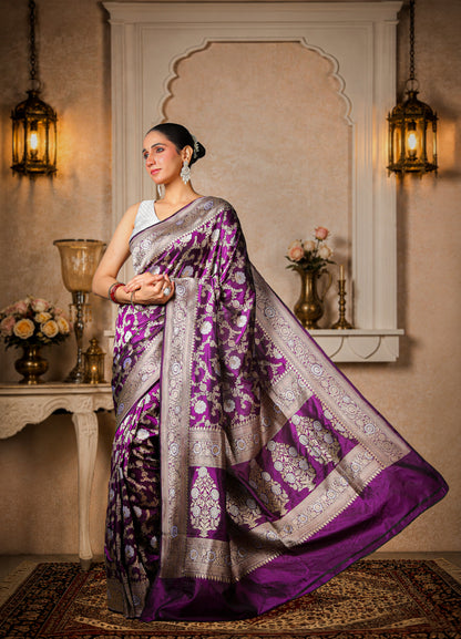 Pure Kataan Silk Banarasi Saree, Violet with Gold & Silver zari Border & Bel Pattern