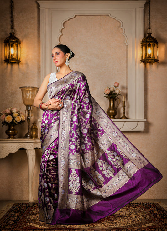 Pure Kataan Silk Banarasi Saree, Violet with Gold & Silver zari Border & Bel Pattern
