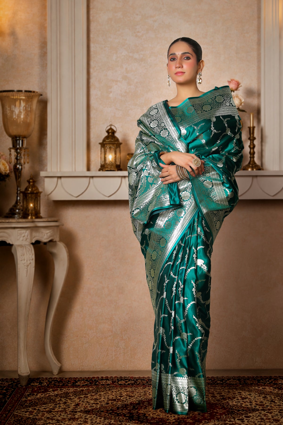 Pure Silk Satin Banarasi Saree, Royal Green with Silver zari Bel pattern Border