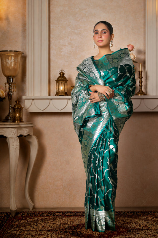 Pure Silk Satin Banarasi Saree, Royal Green with Silver zari Bel pattern Border