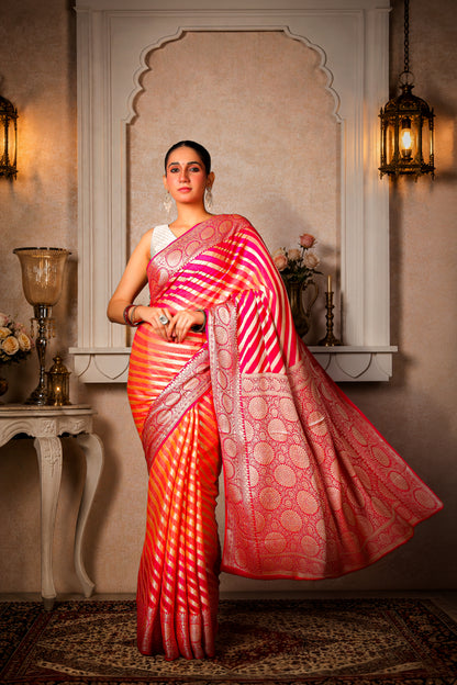 Handwoven Silk Georgette Lehariya Banarasi Saree, Peach & Pink