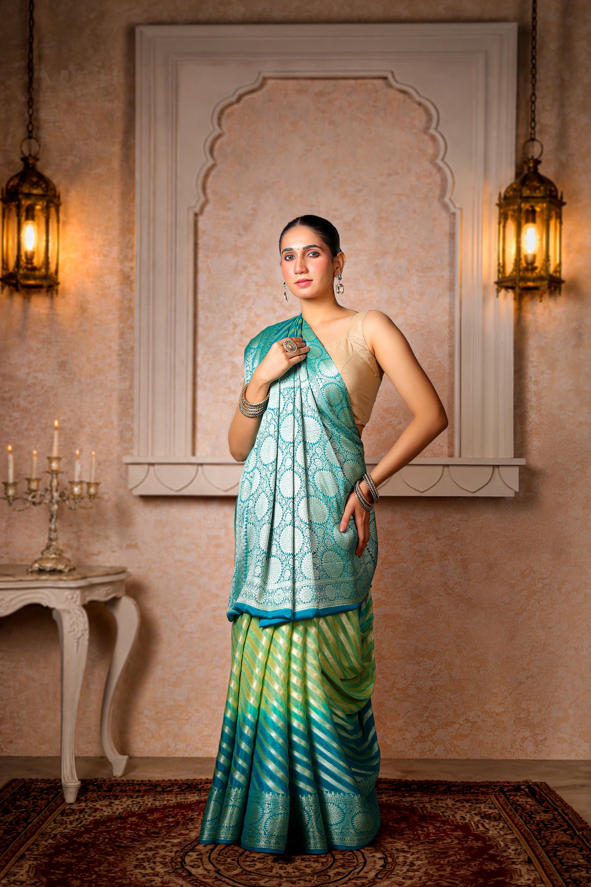Handwoven Silk Georgette Lehariya Banarasi Saree – Sea Green & Turquoise