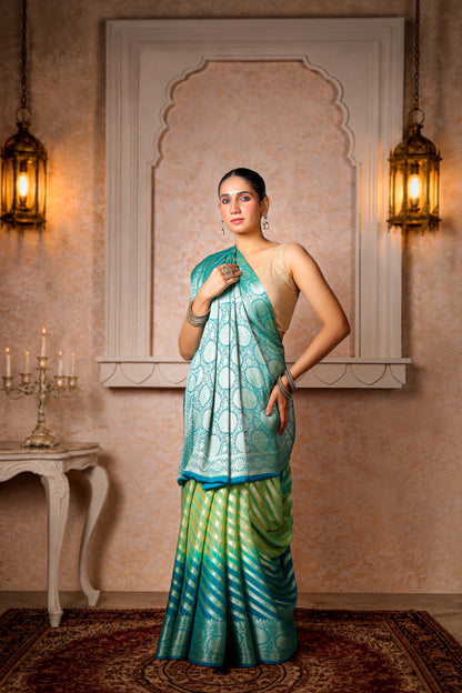 Handwoven Silk Georgette Lehariya Banarasi Saree – Sea Green & Turquoise
