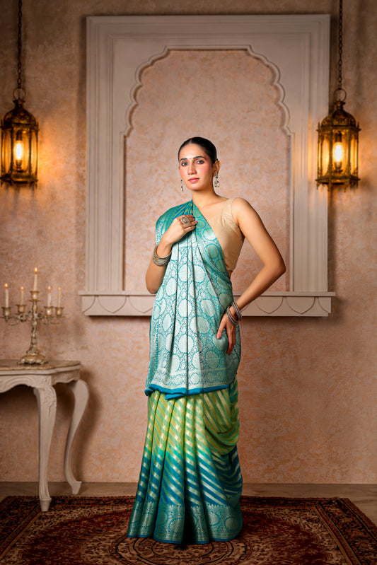 Handwoven Silk Georgette Lehariya Banarasi Saree – Sea Green & Turquoise