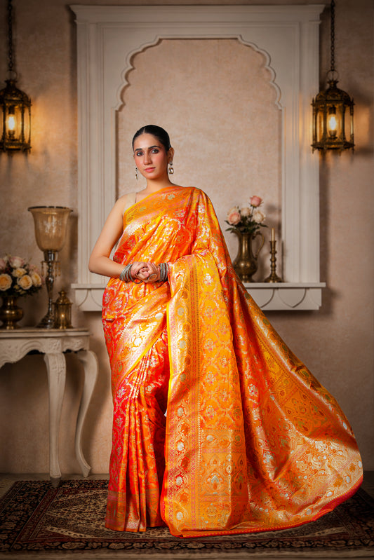 Pure Silk Kinkhwab Banarasi Saree – Orange Yellow with Gold Border
