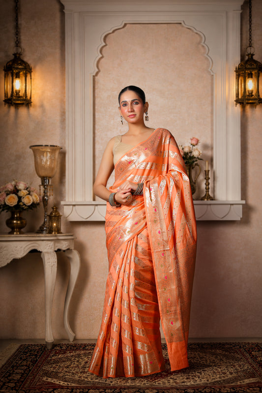 Pure Dupion Silk Banarasi Saree, Peach with Golden Border & Stripes