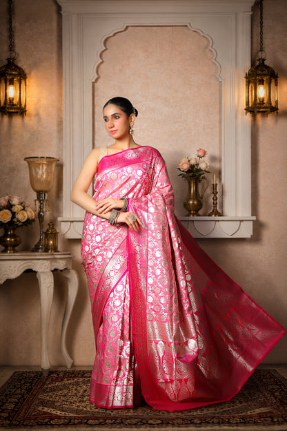 Rayon Silk Paudi Jungla Banarasi Saree – Rose Pink Silver Work