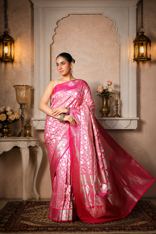 Rayon Silk Paudi Jungla Banarasi Saree – Rose Pink Silver Work
