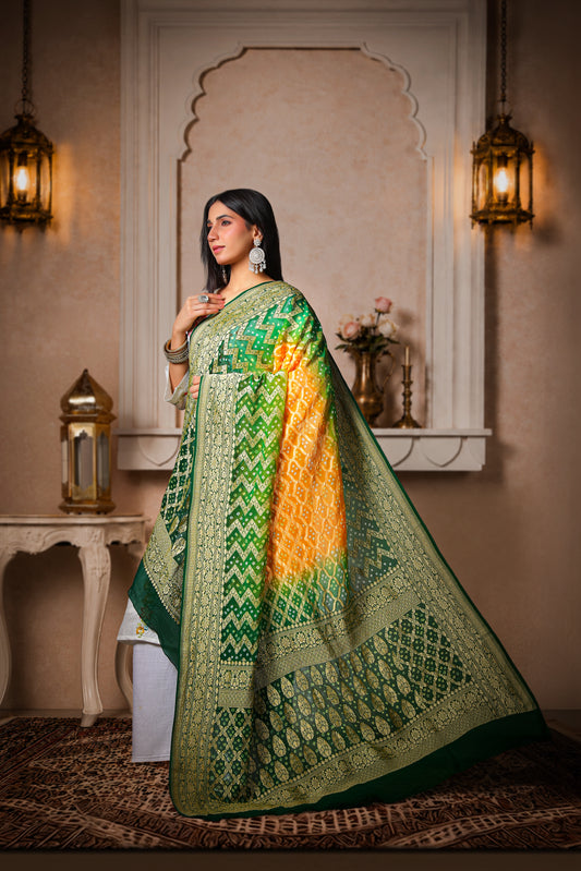 Vasundhara – Pure Handwoven Silk Georgette, Rai Bandhani Dupatta
