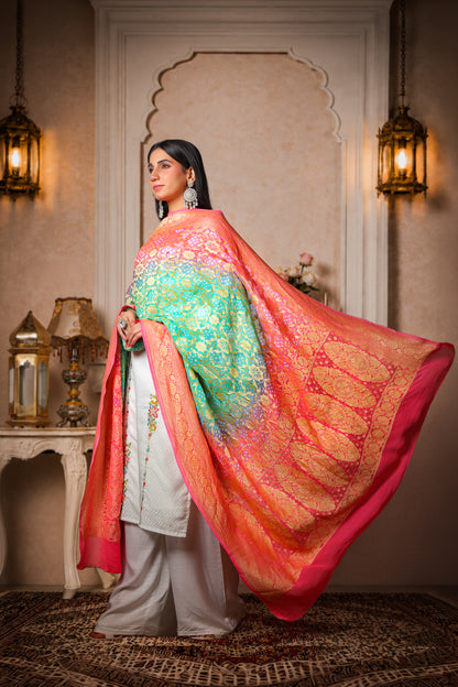 Gulbahar – Pure Handwoven Silk Georgette, Rai Bandhani Dupatta