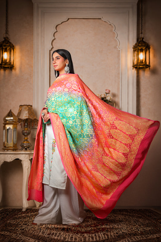 Gulbahar – Pure Handwoven Silk Georgette, Rai Bandhani Dupatta